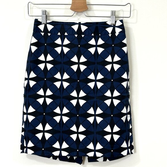 ANN TAYLOR Petite Pencil Skirt 00P Blue White Black Geo Print Cotton Blend Lined - Picture 1 of 7